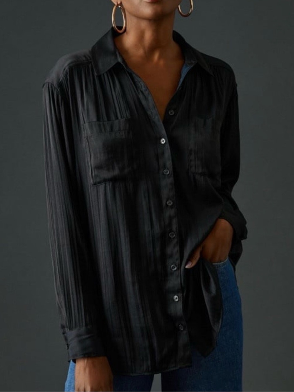 Anthropologie Relaxed Ling Sleeve Button Down Shirt Black Silky Flowy Medium.